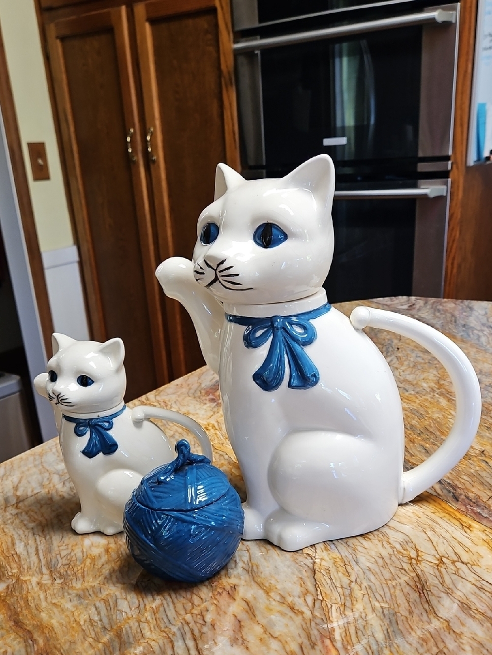 Vintage White Ceramic Cat Teapot & Creamer with Blue Yarn Ball Sugar Jar SET
